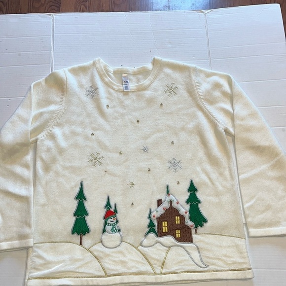 Christmas scoopneck sweater-off-white-XL (16-18)embroidered snowman winter scene - Picture 1 of 12